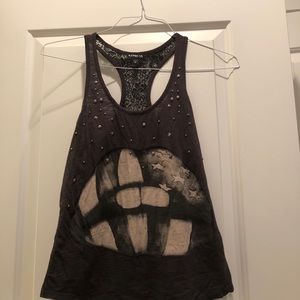 Gray studded tank top with lace